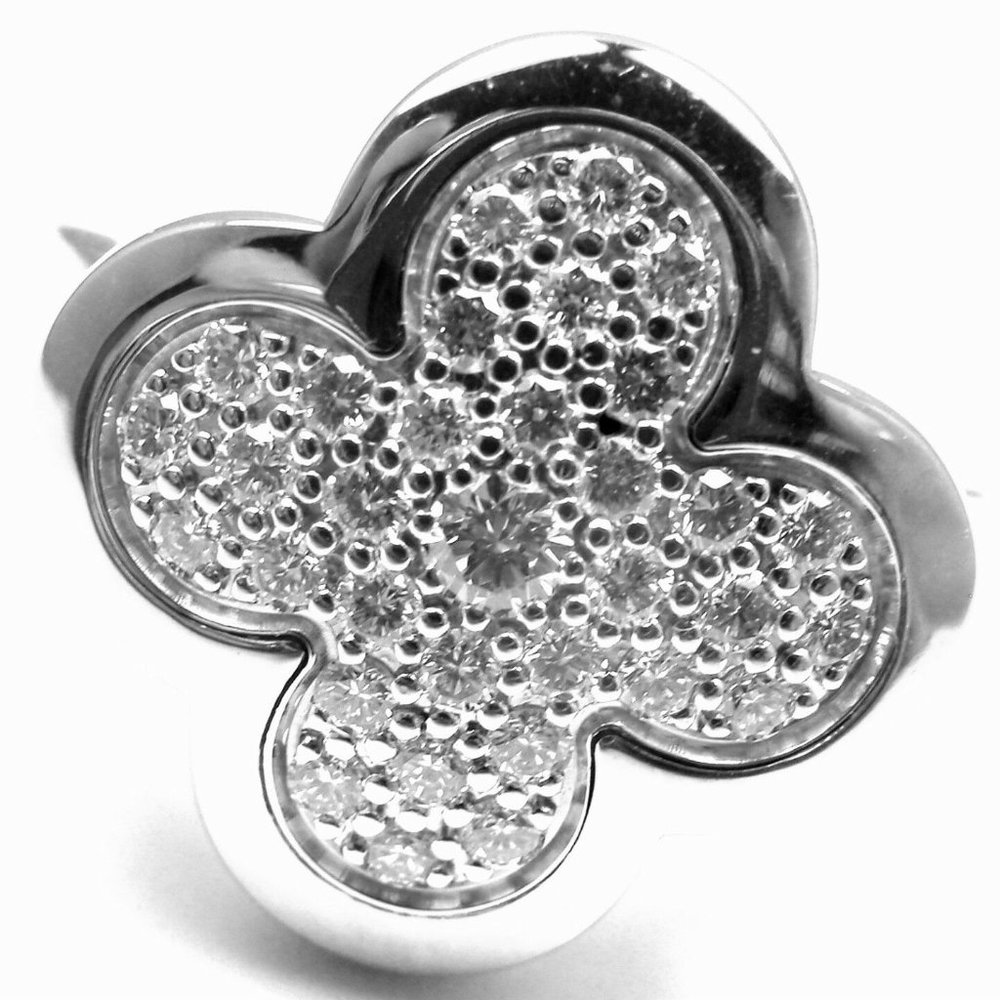 Authentic! VAN CLEEF & ARPELS VCA 18k White Gold Diamond Pure Alhambra Ring